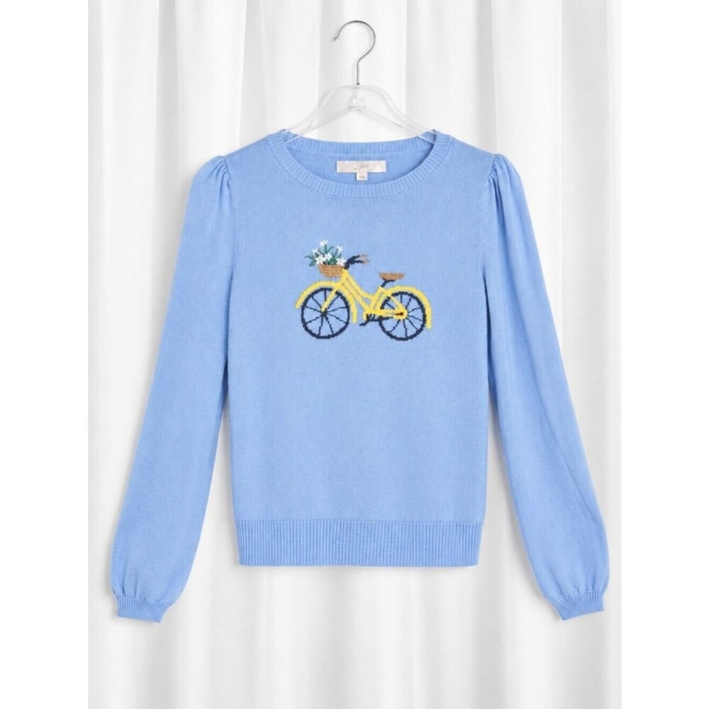 LOFT Sky Blue Puff Sleeve Parisian Chic Bicycle Classic Americana Knit Sweater